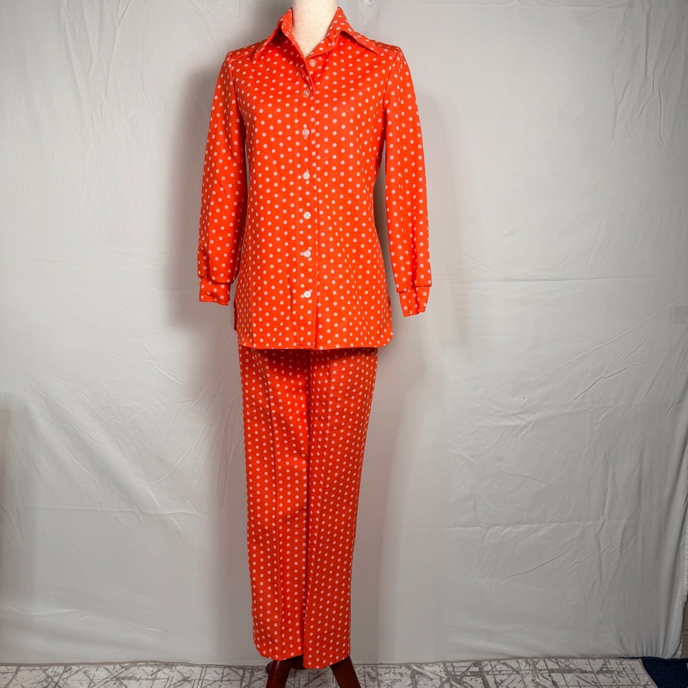 Vintage 70s Devon Orange Polka Dot Pant Set Disco Retro Button Up Top Trousers